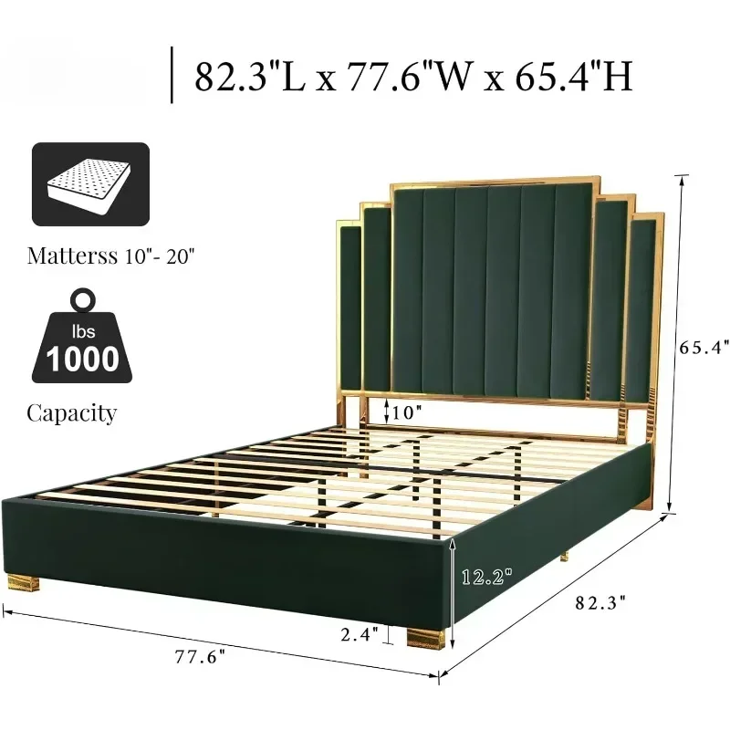 

King Size Platform Bed Frame, 65" Velvet Upholstered Bed with Gold Trim Headboard/Wooden Slats/No Box Spring Needed/Green