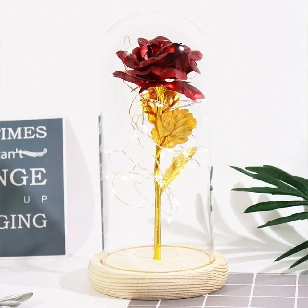 LED Light Preserved Rose Flower Wooden Base Valentine's Day Gift Rose LED Light Glass Cover Wedding Decoration