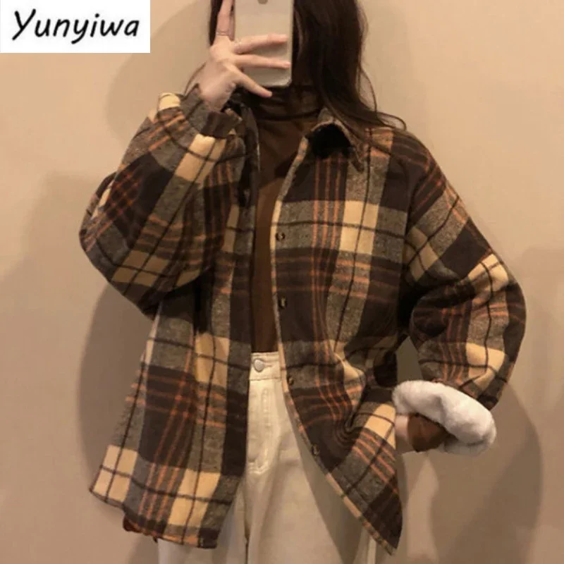 Thick Women Shirts Winter Warm Long Sleeve Vintage Plaid Female Button Up Coffee New Laides Coats Korean Casual Tops