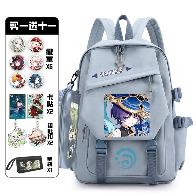 Genshin Impact Anime Mochila com Pacote de Dor Emblema, Teenagers Schoolbag, Student Book Travel Bag, Girl and Boy Cosplay, 11Pcs