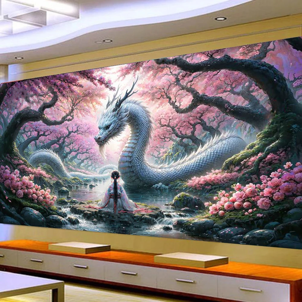 5D DIY Large Diamond Painting Girl Dragon Full Square Round Diamond Mosaic Sakura Pink Tree Landscape Embroidery Cross Stitch