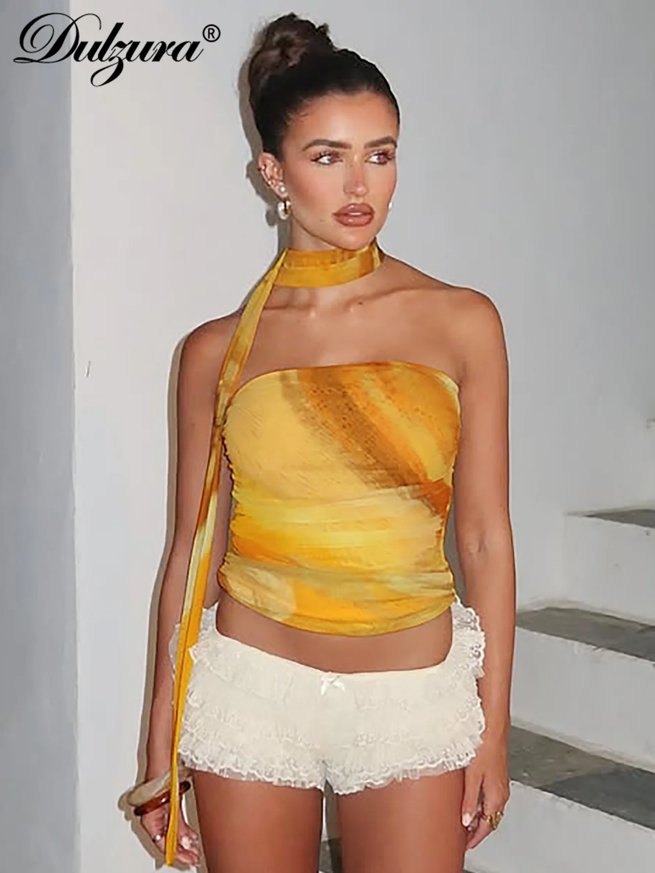 Dulzura Borst Wikkelen Ruches Backless Slanke Print Crop Tank Top Met Sjaal Sexy Elegant Casual Y2K Tops Party Club Street Outfit