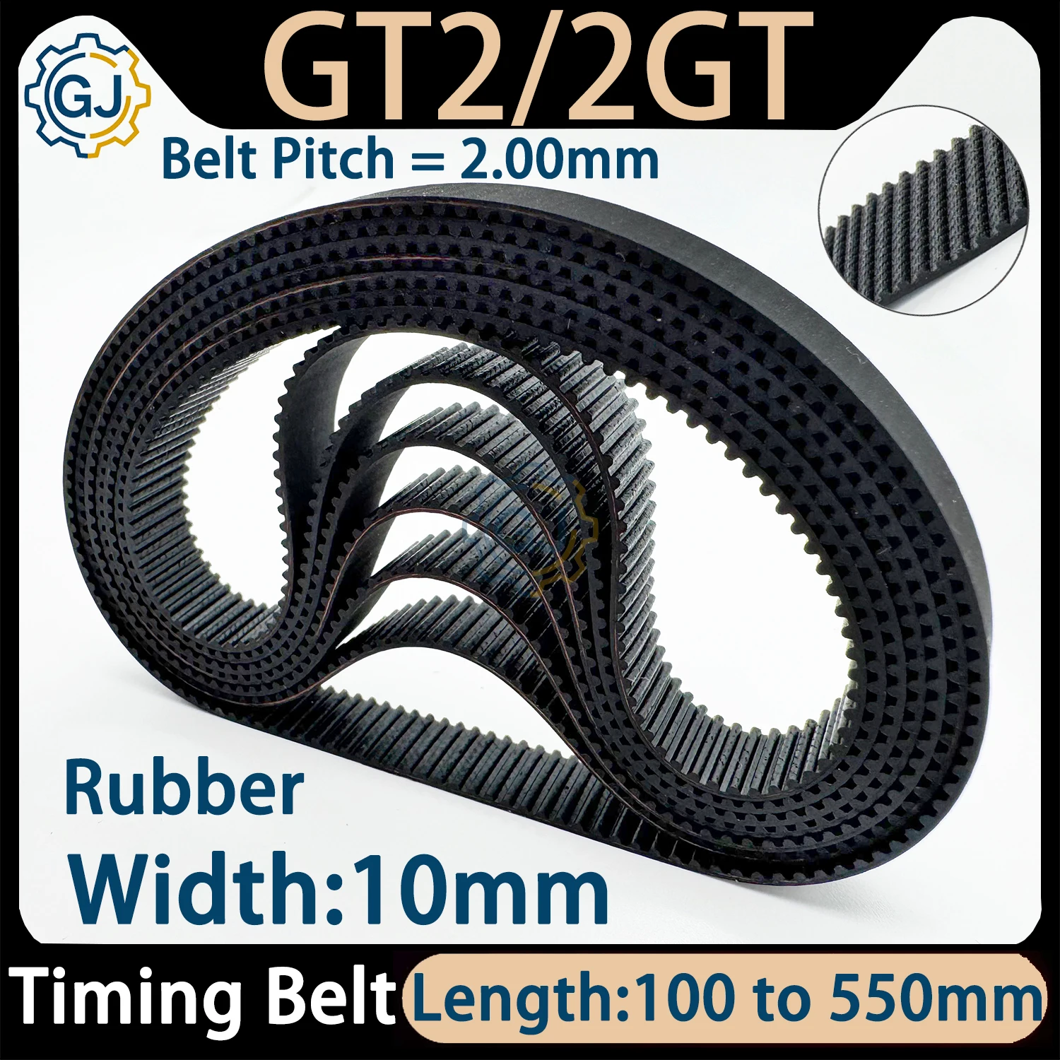 2GT 2MGT Belt Width 10mm Rubber Closed Loop Perimeter 100 110 120 144 158 170 260 280 300 350 500  550mm GT2 Timing Synchronous