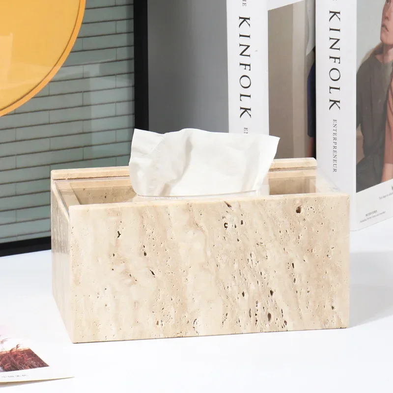 Rectangle and Square Natural Marble Tissue Box Vintage Beige Travertine Stone Storage Organization Case