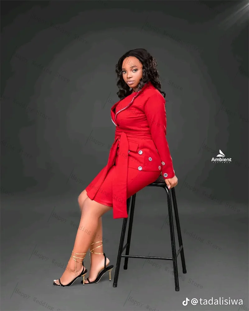 

Red Crystals Women Suit SkirtSet 2 Piece Blazer+Prom Dress Graduation Autumn Formal Office Lady Customized Jacket Wedding Coat