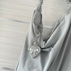 Heart Shape Bow Folding Mirror Keychain Double Sided Cosmetic Mirror Y2k Style Bag Pendant Sweet Cool Trendy Fashion Decor