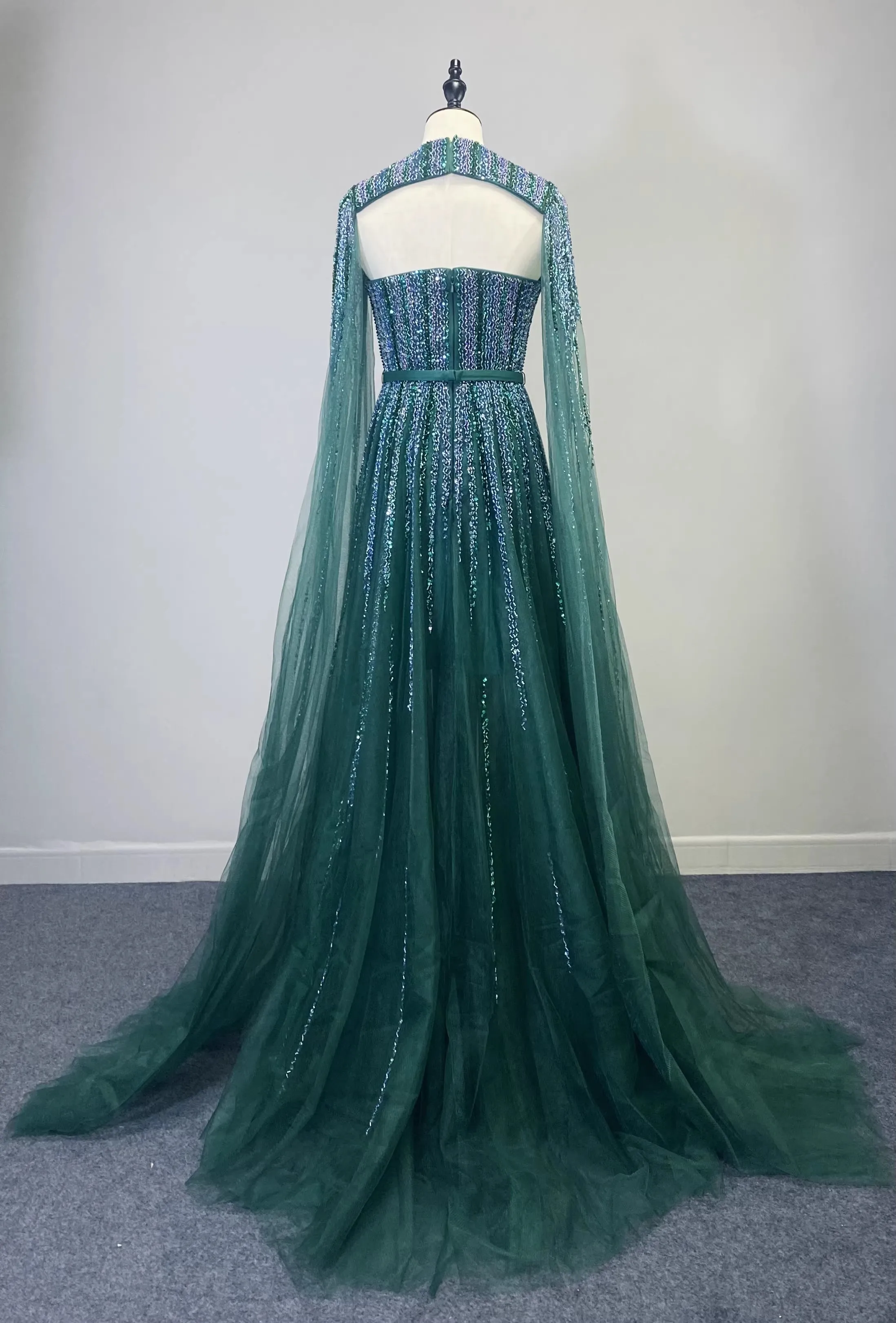 Hot Sale Arabic Green Cape Sleeves A Line Beaded Evening Dresses Long 2024 Celebrity Gowns For Woman Wedding Party LA71912