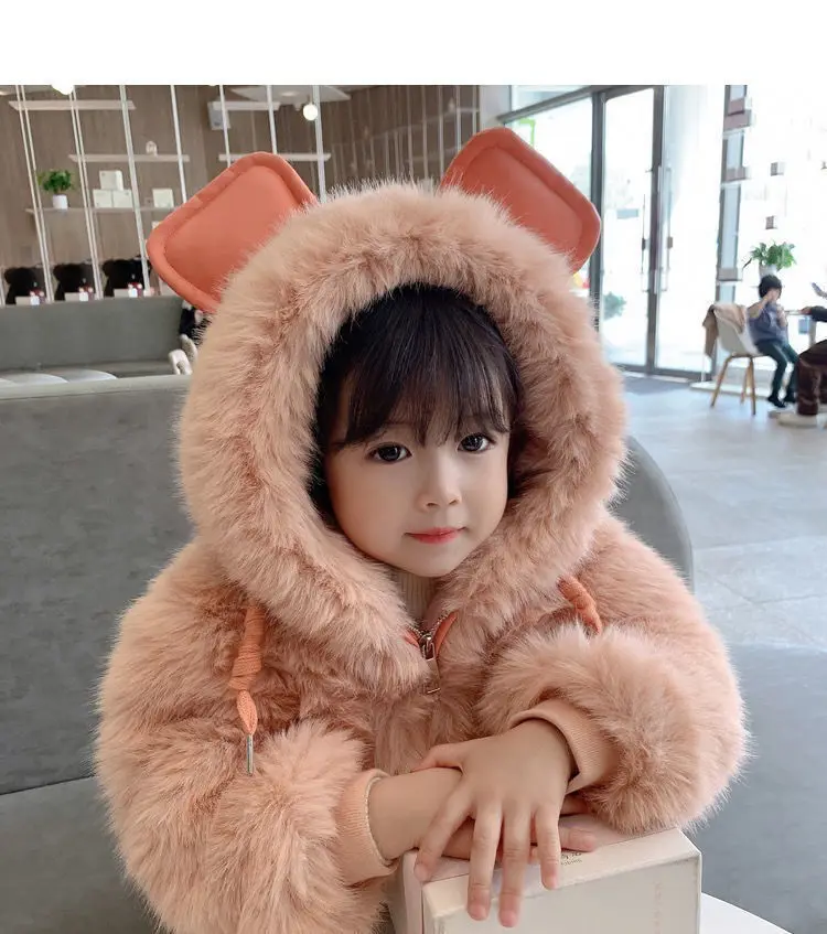 2024 Autumn Winter Baby Girls Faux Fur Jackets Toddler Cute Hooded Coats Kids Thickened Cotton-Padded Outerwear Children Clothing