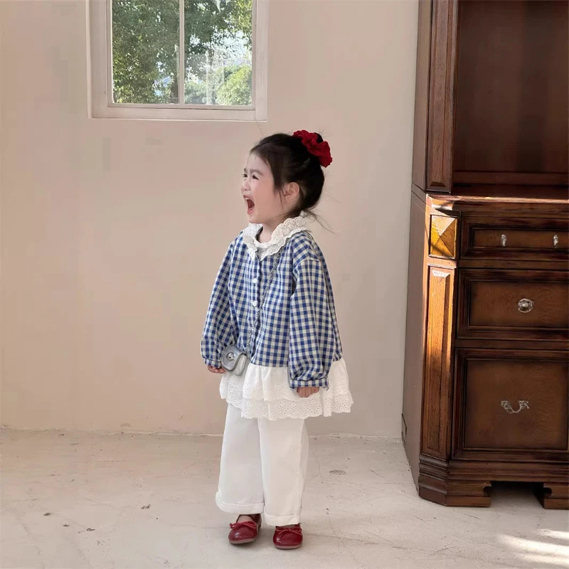 

2026 Spring New Korean Kids Wear, Girls Stylish Plaid Round Neck Ruffle Blouse Sweet Shirt, Outfit Collection