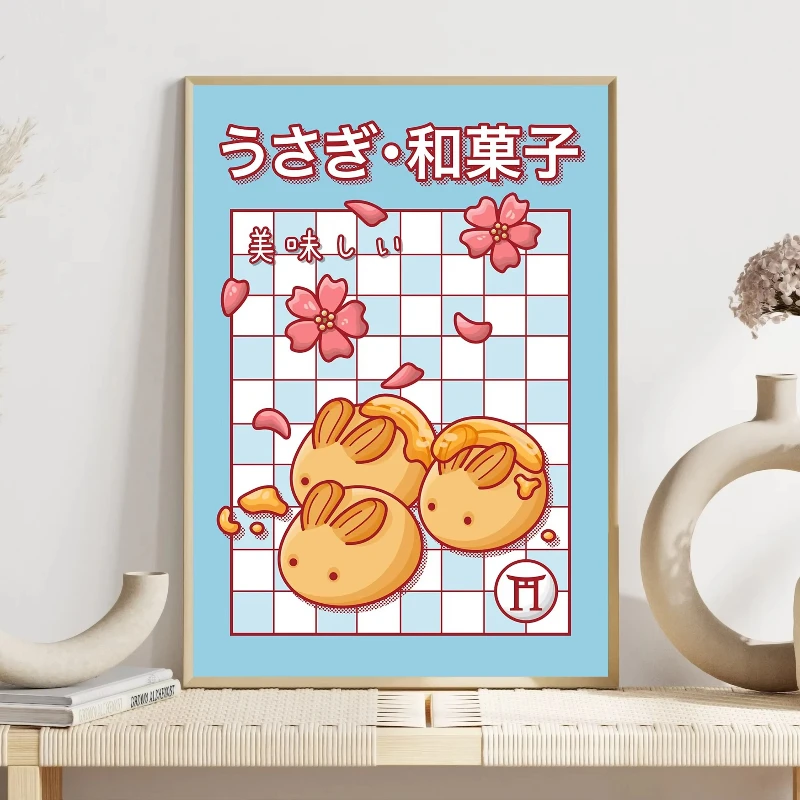 Delicious Japanese Cuisine Posters Strawberry Daifuku, Taiyaki, Milk Tea, Sushi, Ramen Canvas Prints for Home Restaurant Decor
