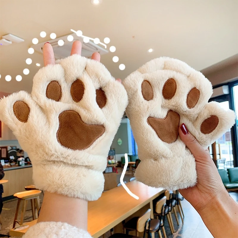 Lovely Plush Cat Claw Paw Gloves Plush Mittens Warm Soft Plush Short Fingerless Fluffy Bear Gloves Costume Half Finger Gloves