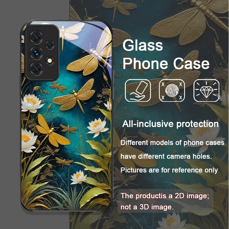 Funda de teléfono de cristal templado con libélula dorada y flor para Samsung Galaxy A06 A17 A55 A54 A53 A52 A36 A14 A31 5G, funda con patrón Floral