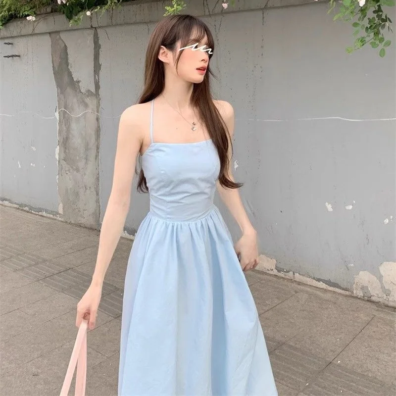 Damen Sexy Quadratischer Ausschnitt Slip Maxikleid Blaues Rückenfreies A-Linien-Kleid Schlichtes Sommerkleid für Frauen
