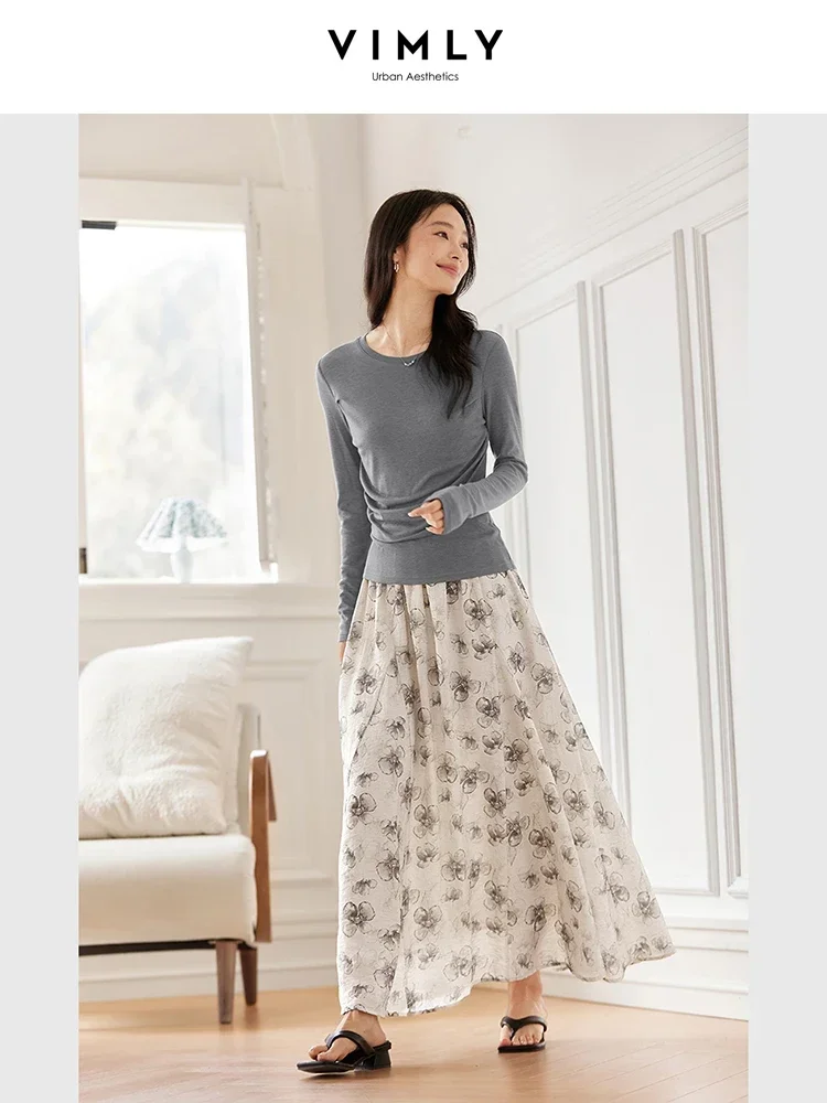 VIMLY Gonna lunga da donna con stampa floreale 2025 Autunno Elegante Office Lady Moda allentata Semplice Casual Elastico in vita Gonna a trapezio A0390