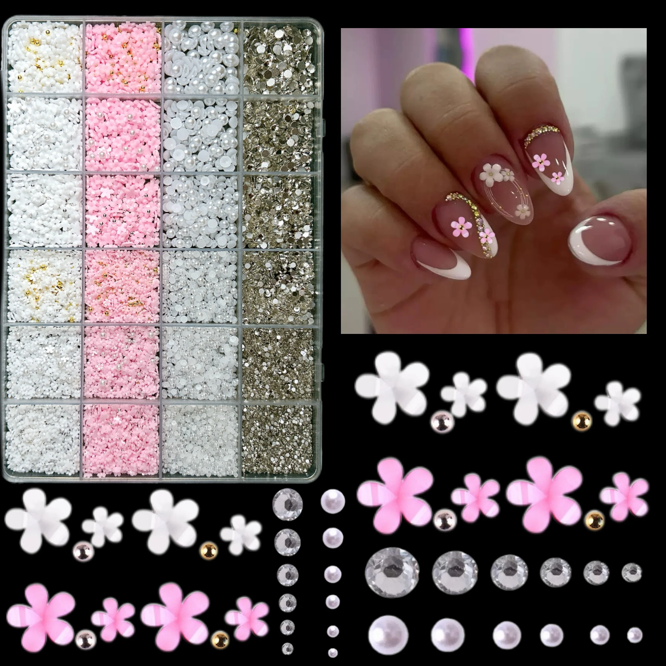 1Box Mini Colorful Petal Simulated Half Round Pearl Resin Nail Charms Cute Five-Petal Flower Steel Bead Nails Art Decoration DIY