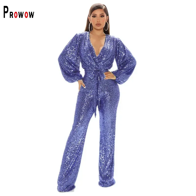 Prowow Fashion Sequined Women Jumpsuits with Belt Sexy V-neck Female Birthday Party Wear High Quality One-piece Romper Clothing