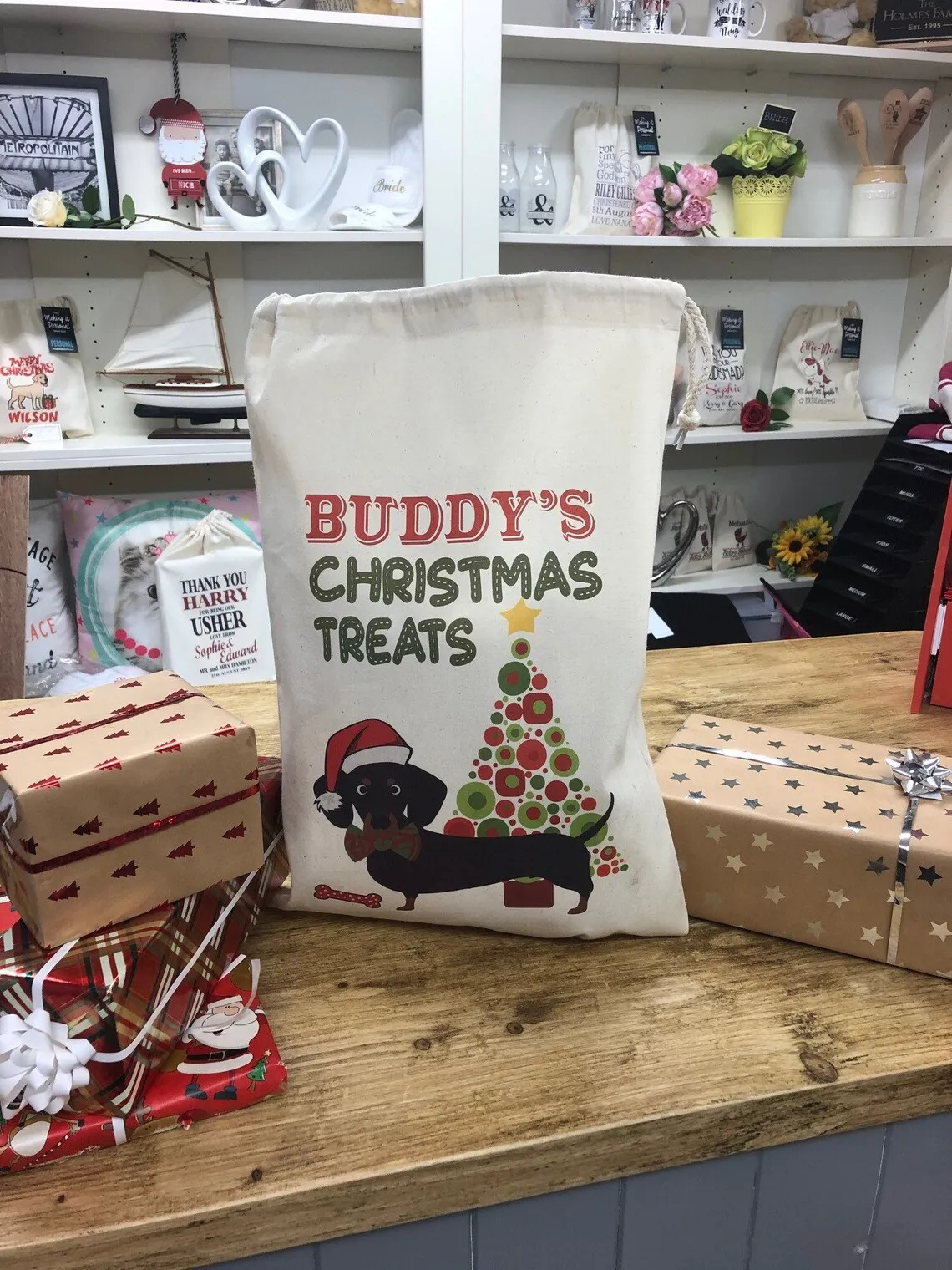 20 Pcs Personalised Dog Santa Sack - Dachshund - Buddy Design