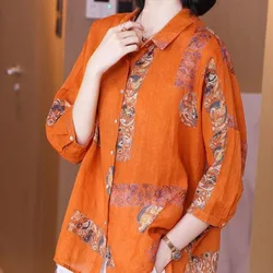 2022 Summer Fashion Turn-down Collar Vintage Printing Shirt Loose Commute Casual Single-breasted 3/4 Sleeve All-match Blouses