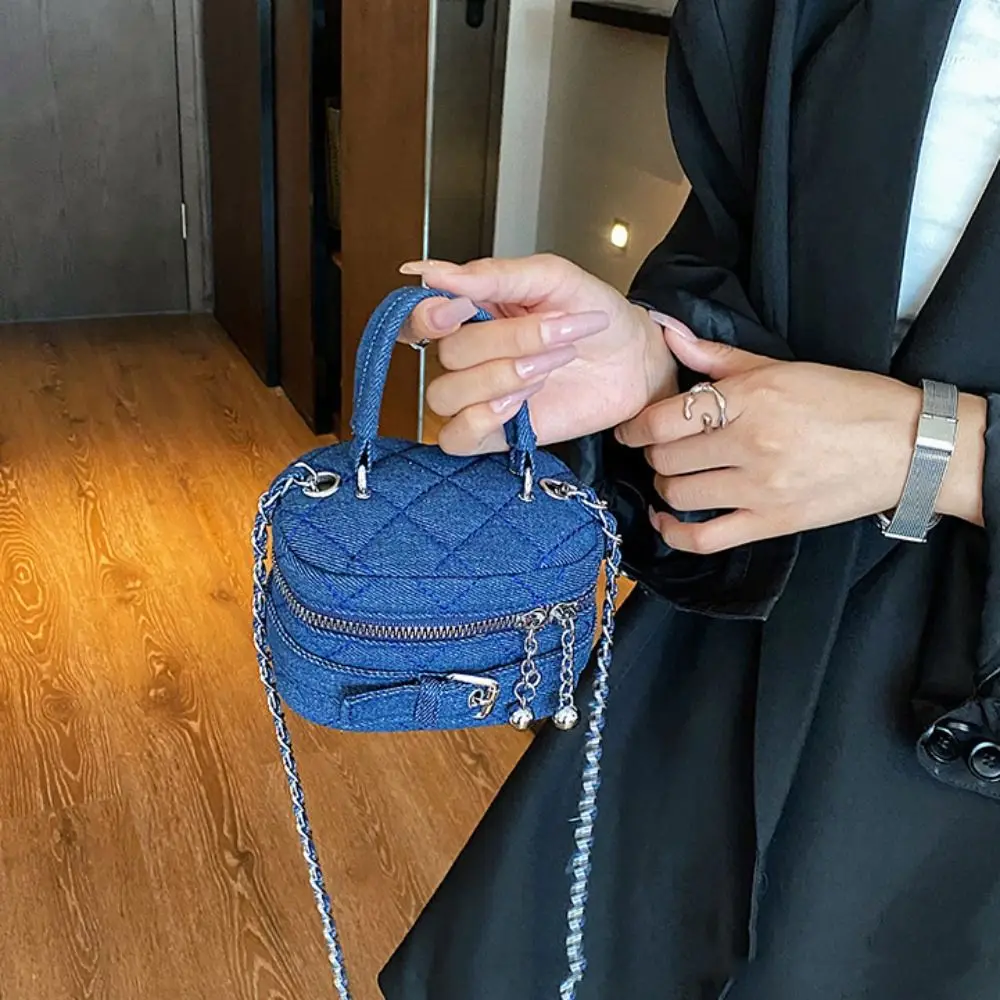 Chain Lingge Denim Bucket Bag Simple Shoulder Bag Crossbody Bag Denim Crossbody Bag Small Handbag Lingge Shoulder Bag Girl