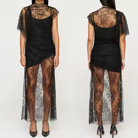 Ticketsx Elegant See Through Long Dress Black Lace Ruched Patchwork Backless Slim Dress Vintage Fashion New Party Evening Dress