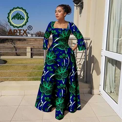 African Women's Dresses Ankara Square Collar Full Sleeve Floor-Length Dress with Pockets Dashiki Printed Party Wedding Dresses