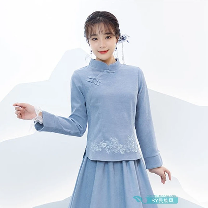 

Autumn and Winter Women's National Tide Retro Improved Cheongsam Tang Clothing Top New Ethnic Style Embroidered Zen Tea Dress