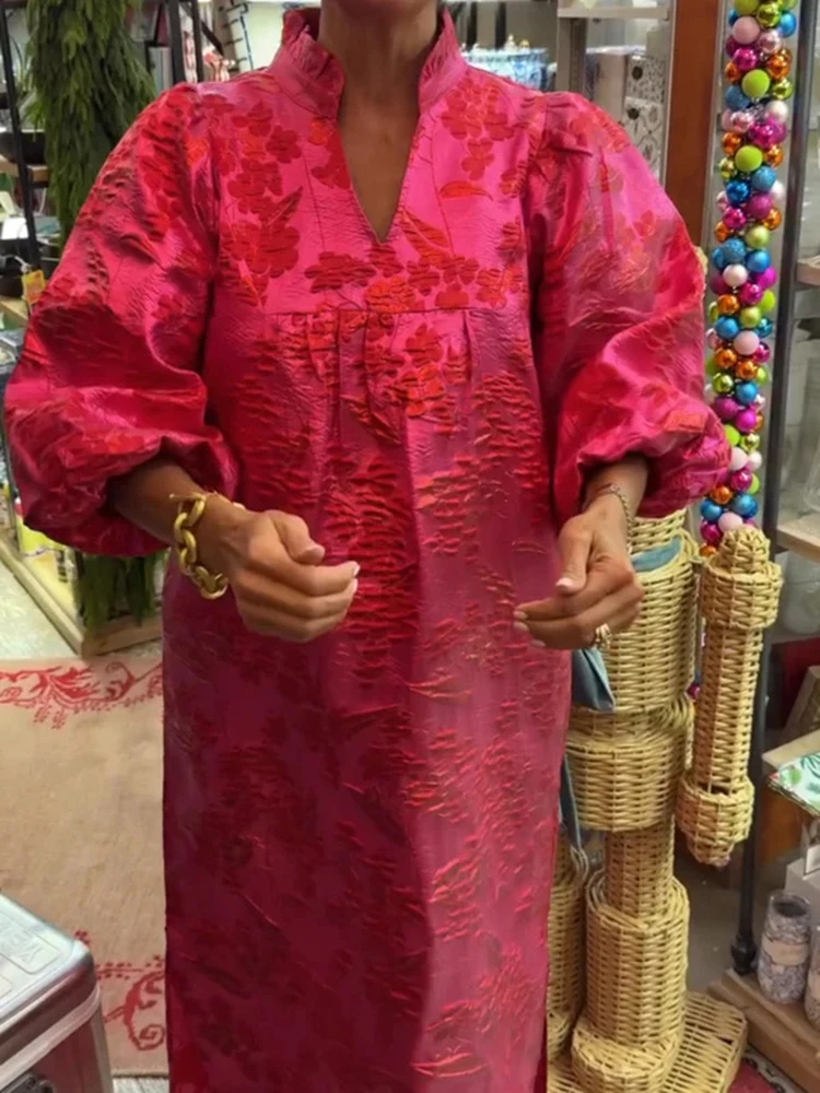 Elegant V-neck Jacquard Long Sleeve Dress Fashion Casual Loose Commute Robes Women Autumn New Side Split Pleated A-line Dresses