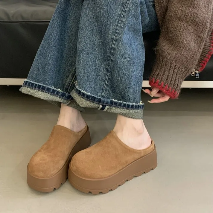 Shoes Cover Toe Slippers Soft Platform Slides Slipers Women Low Comfort 2024 PU Hoof Heels Fur Fabric Rome Shearling Rubber Casu