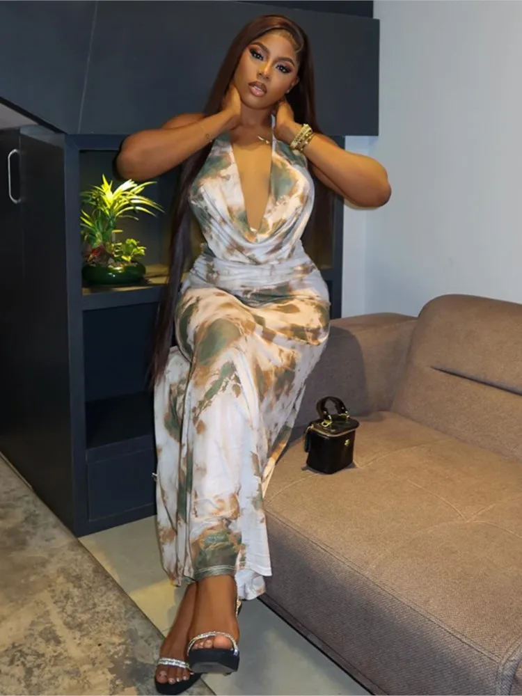 

Neck Leace-up Top Halter New In Matching Sets 2 Pieces Set For Woman Two Piece Outfits Long Skirt Backless V-link Sexy Printed