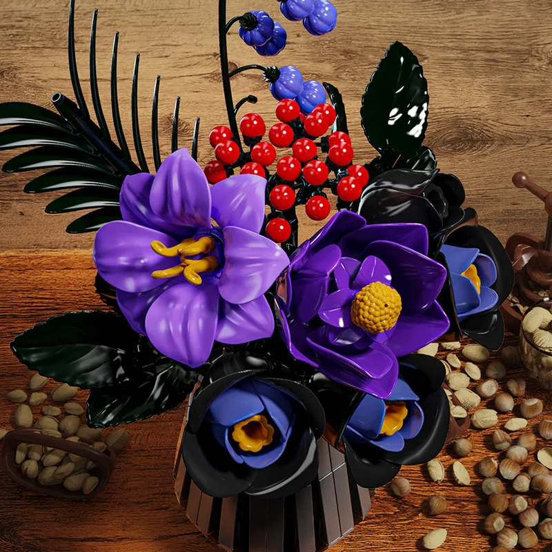 Conjunto de construção de buquê de flores roxo botânico flores artificiais brinquedos decoração gótica dia dos namorados presente de aniversário (836 peças)
