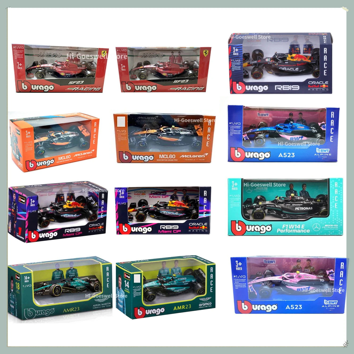 Bburago 1:43 Aston Martin AMR23 Mercedes W14 Red Bull RB19 Miami GP Ferrari SF23 Alpine A523 F1 Model Formula Car Static Racing