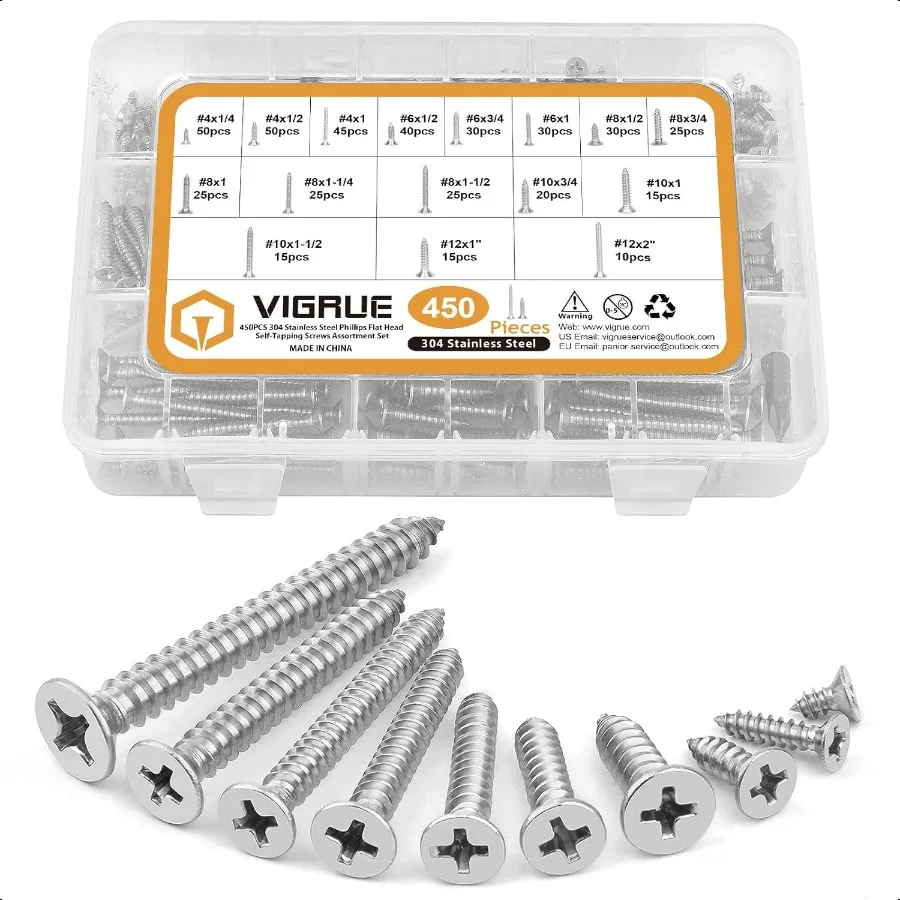 

450Pcs Stainl Steel Wood Screws Set 4681012 Phillips Flat Head Sheet Metal Screw Self Tapping Screws Assortment Kit Length 1 4