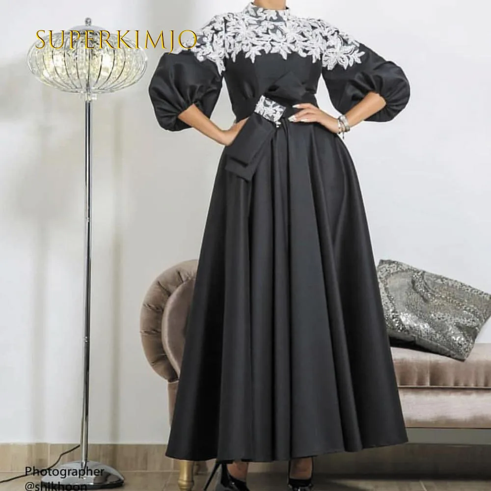 SuperKimJo Vestito Cerimonia Donna abiti da ballo neri musulmani 2022 pizzo Applique raso elegante abito da ballo Robe Femme 2023