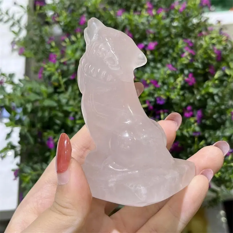 Natural Rose Quartz Wolf Carving Healing Gemstone Animal Figurines Reiki Stone Lucky Decoration Gift 1pcs