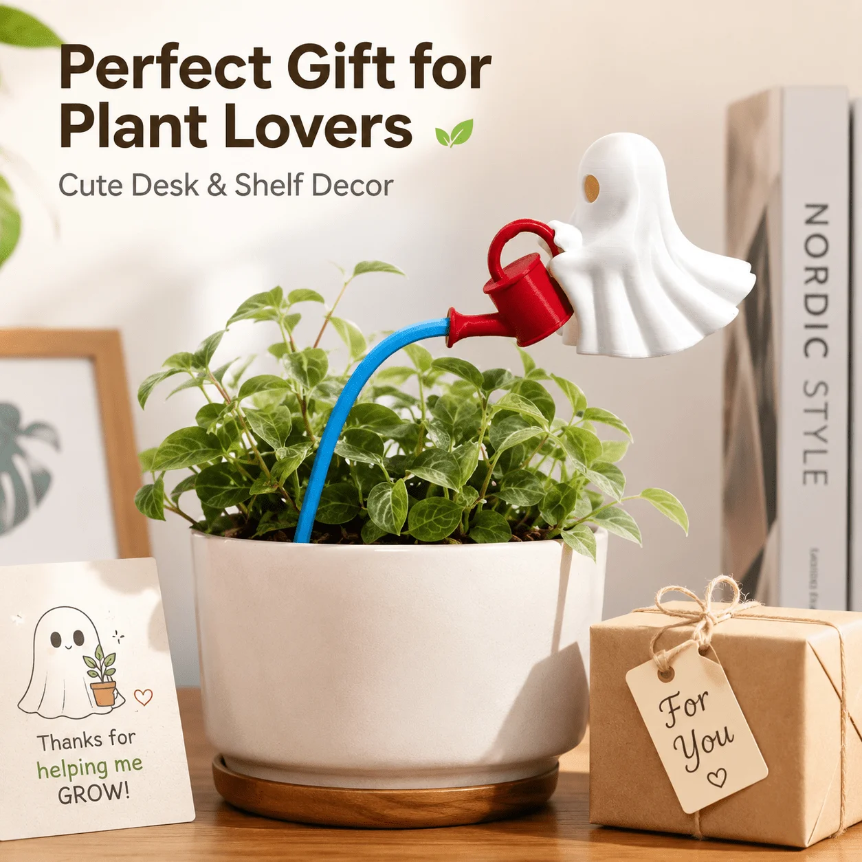 3D‑Printed Ghost Watering Decor, Ornament with Faux Water Stream, Indoor Plant Pot Accent, Desk & Shelf Gift for Plant Lovers