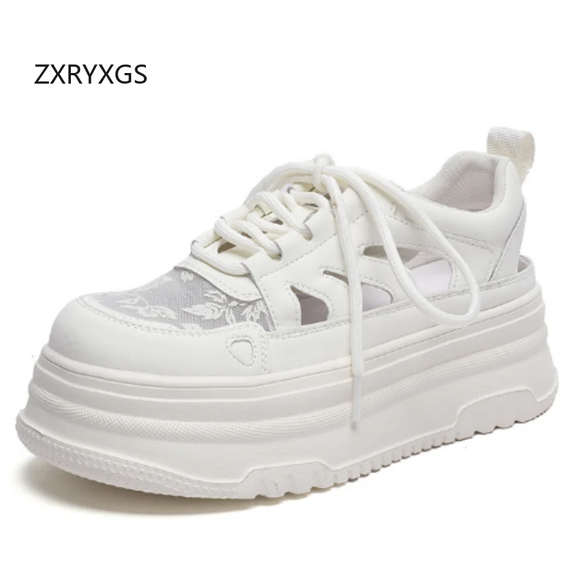 ZXRYXGS 2025 New Trendy Lace-up Cowhide Mesh Sneakers Summer Sandals Platform Elevator Sandals White Breathable Casual Shoes
