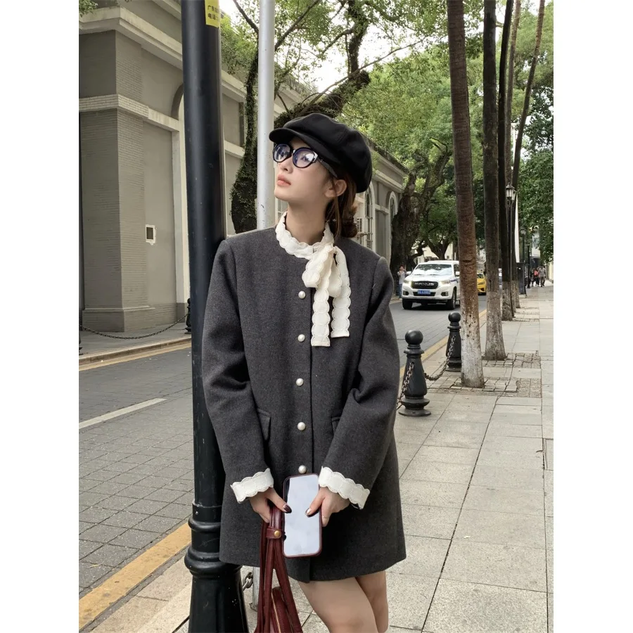 

Hebden Style Knot Design Cotton Woolen Coat Slimming Versatile High-End Feelings Commute Loose Fit Long Sleeve Coat