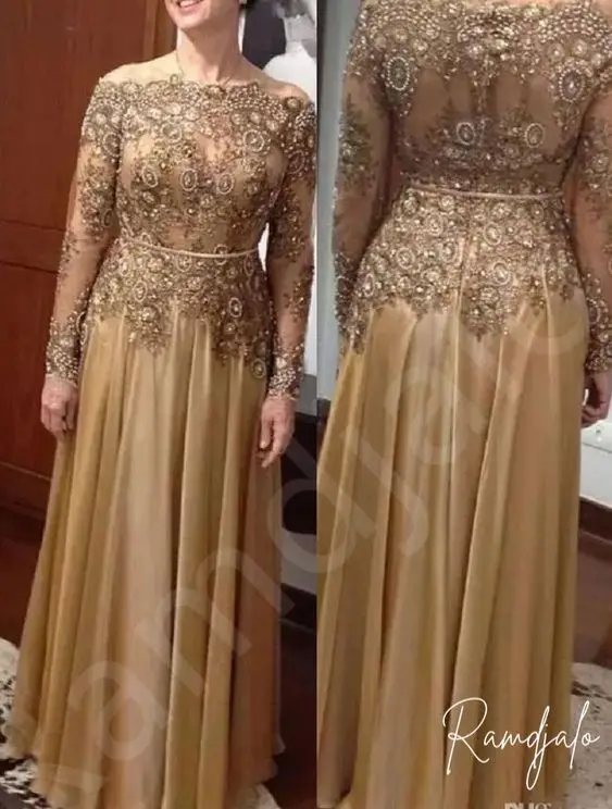 Customized Golden A-Line Exquisite Mother of the Bride Dresses Flowy Chiffon Lace Beadings Top Off Shoulder Weddings and Galas