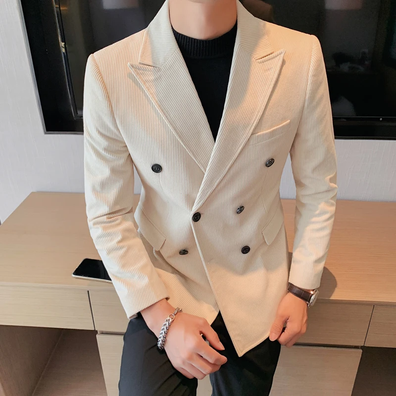 2024 Autumn And Winter Men\'s Corduroy Double-Breasted Suit Coat Jackets High Quality Slim Fit Casual Blazers Gift For Husband