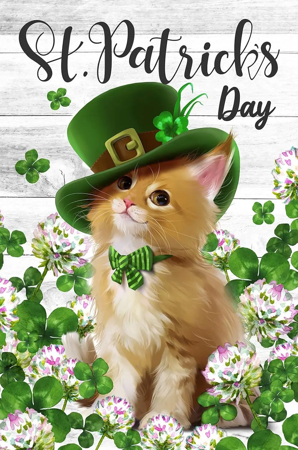 Happy St. Patrick's Day Cute Cat Kitty with Hat Clover Shamrock Floral Decoration Garden Flag Outdoor Yard Flag 12x18in Custom