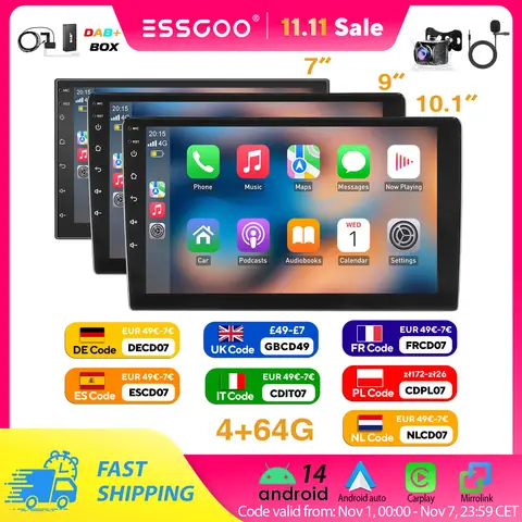 ESSGOO 7 "/9"/10 "2 DIN Android 14 4 + 64G Car Stereo per auto Carplay Android Auto GPS SAT Navi Bluetooth FM RDS Radio WIFI Touchscreen