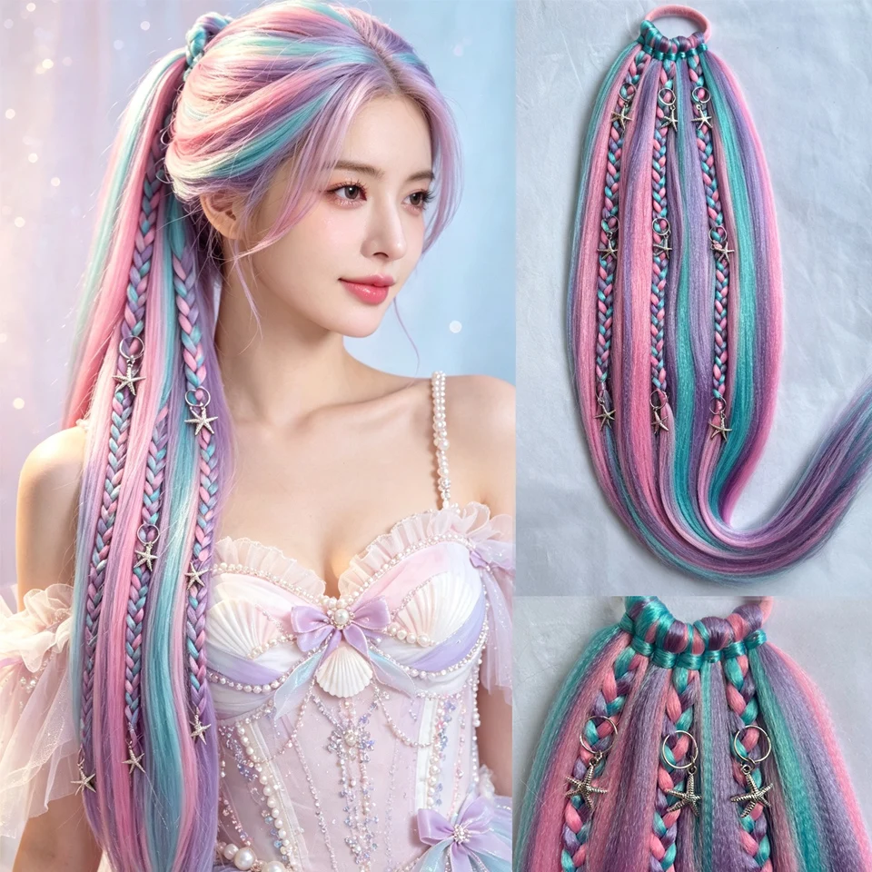 24 Inch Colorful Matte Synthetic Braided Ponytail Extension with Decorative Charms Elastic Hair Tie Boho Hair Piece for Women Fe