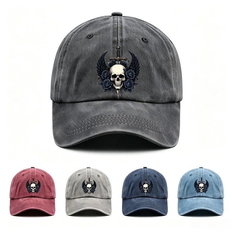 Distressed Washed Baseball Cap Skull Wing Sword Blue Rose Print Adjustable Unisex Hat Gothic Retro Street Casual Outdoor Sun Hat