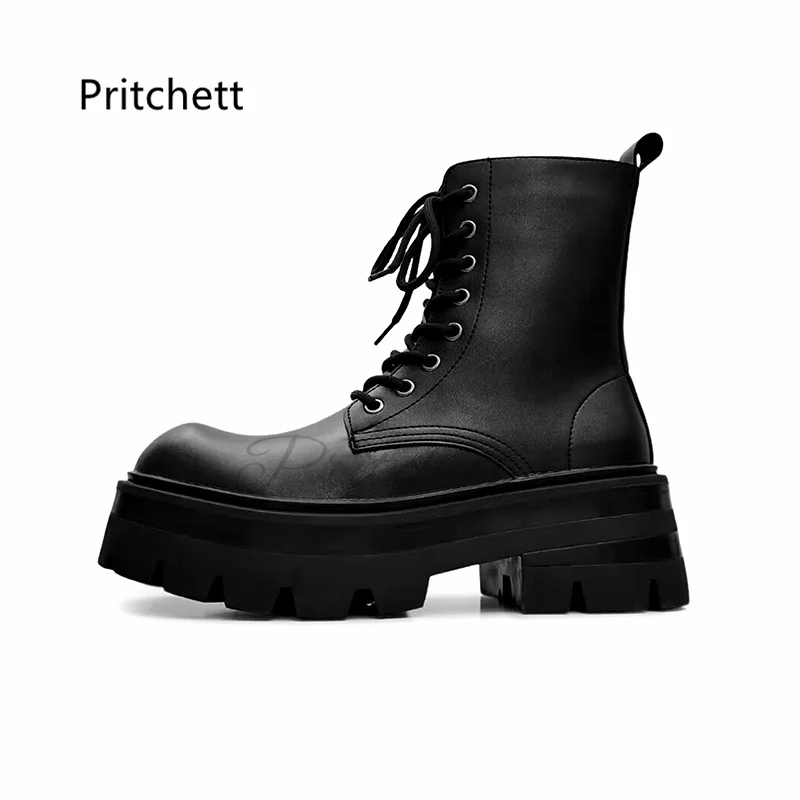 British Style Motorcycle Boots for Men Chunky Platform Men\'s Spring Retro Leather Side Zipper Heightening High Top Work Shoe