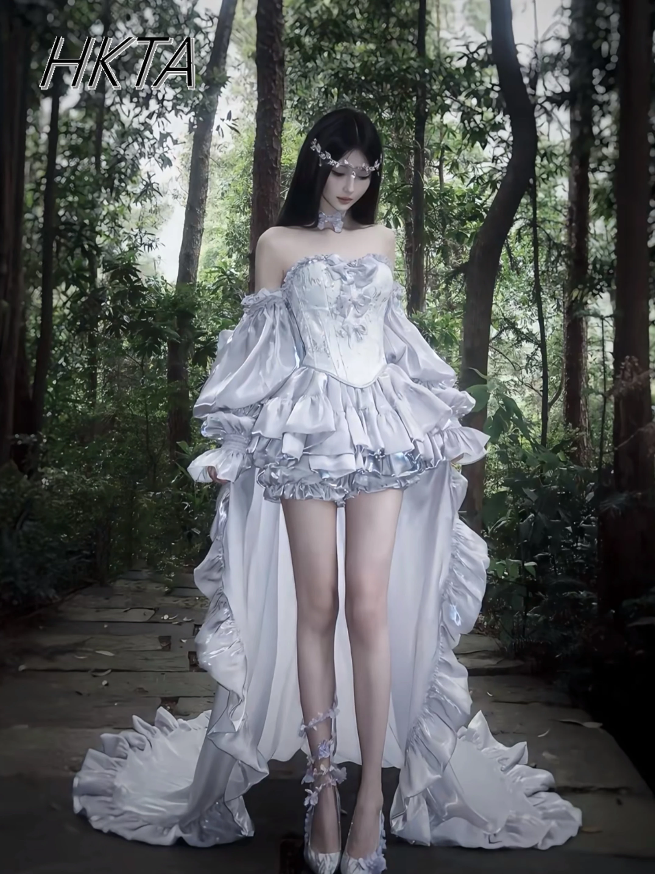 

Elegant Princess Silver Lolita Dress Set Women Bow Embroidered Slim Tube Top Vest Pleated Trailing Fluffy Mini Skirt Outfit