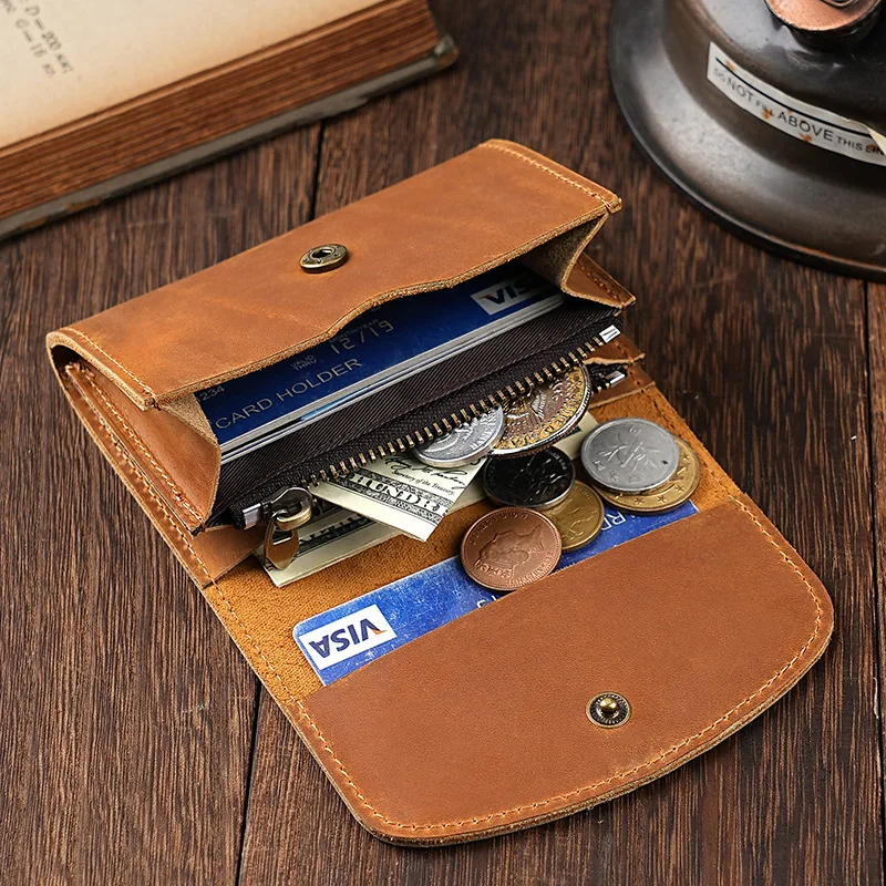 

Crazy Horse Leather Card Case Card Holder, Ultra-Lightweight Vintage Cowhide Card Holder Zipper Coin and Small Change Pouch