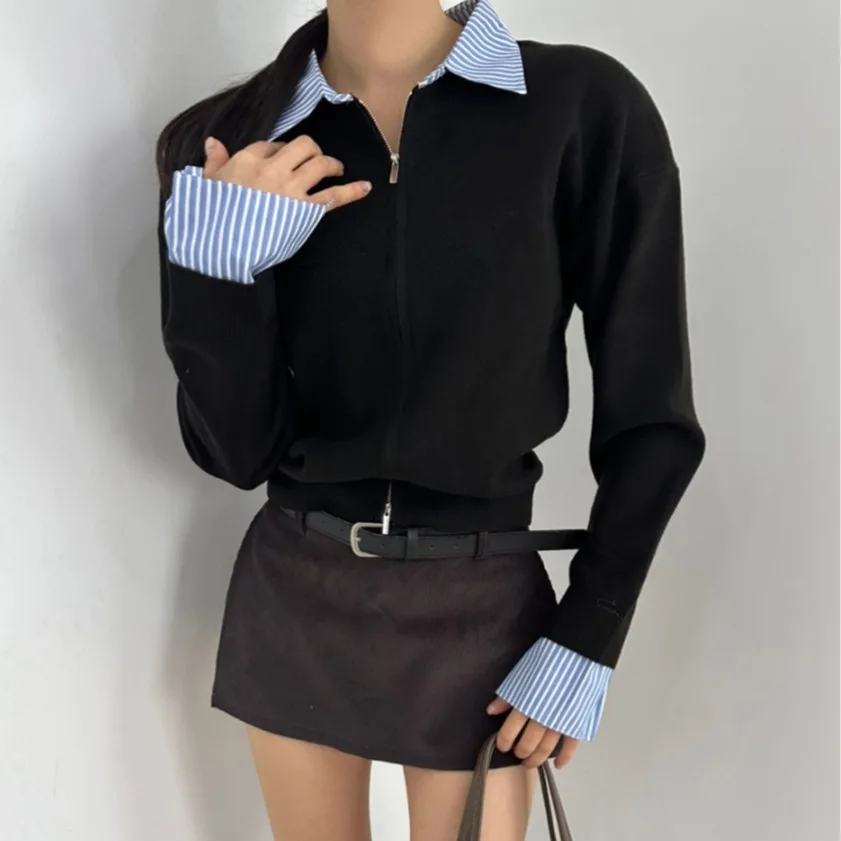 Maglione coreano da donna lavorato a maglia Ne aperto sul davanti Patchwork a righe Falso in due pezzi lungo Sve Autunno Inverno Top