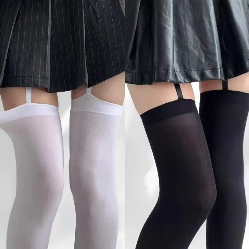 Sexy Suspender Thigh High Stockings Velvet Thin Black White Over Knee Hosiery Irregular Exposed Skin JK Japanese Women's Socks