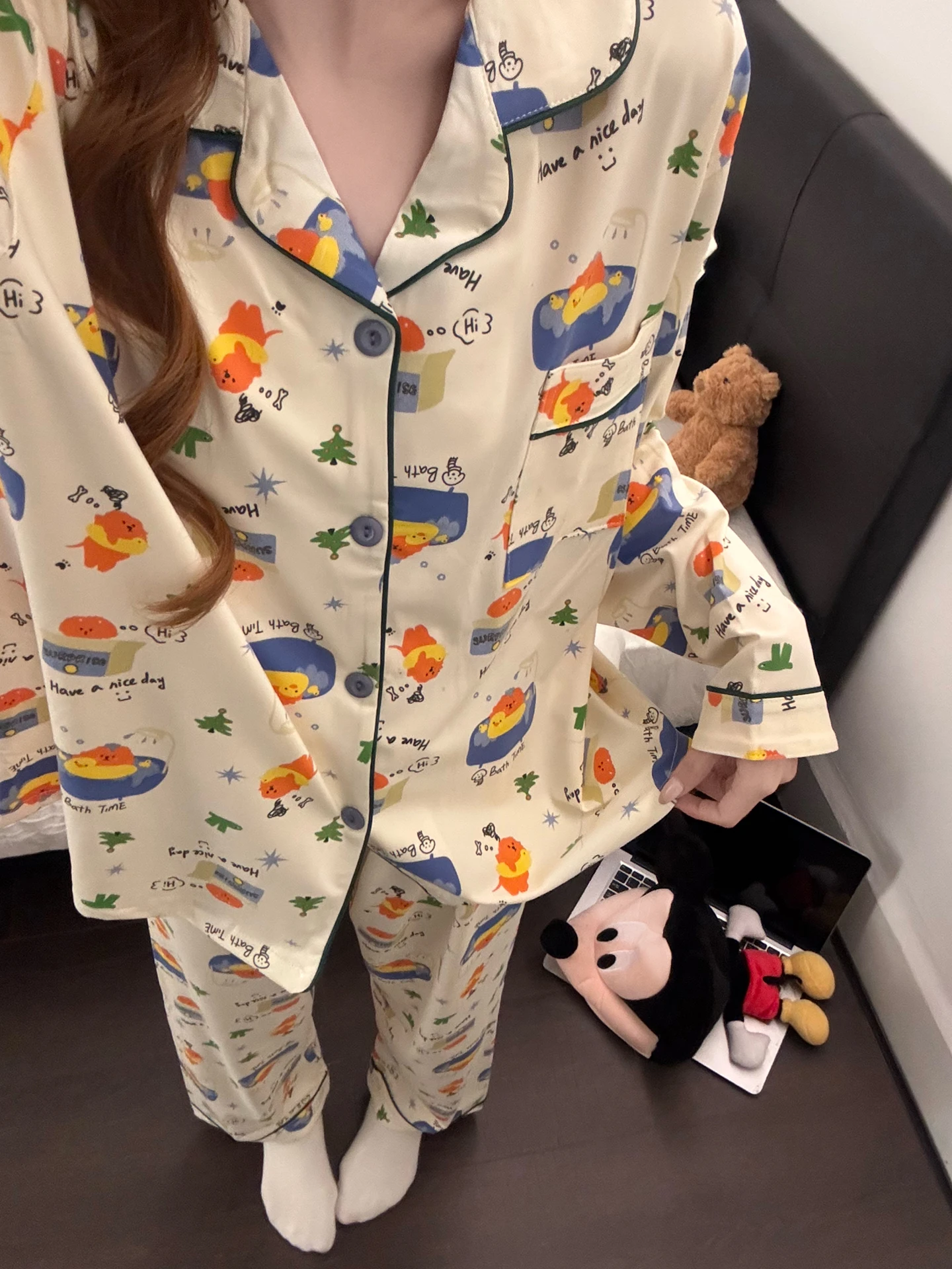 

Женская пижама с мультяшным принтом, весенняя новинка, кардиган с длинными рукавами и длинные брюки, удобный домашний комплект, милый мультяшный принт, домашняя одежда.