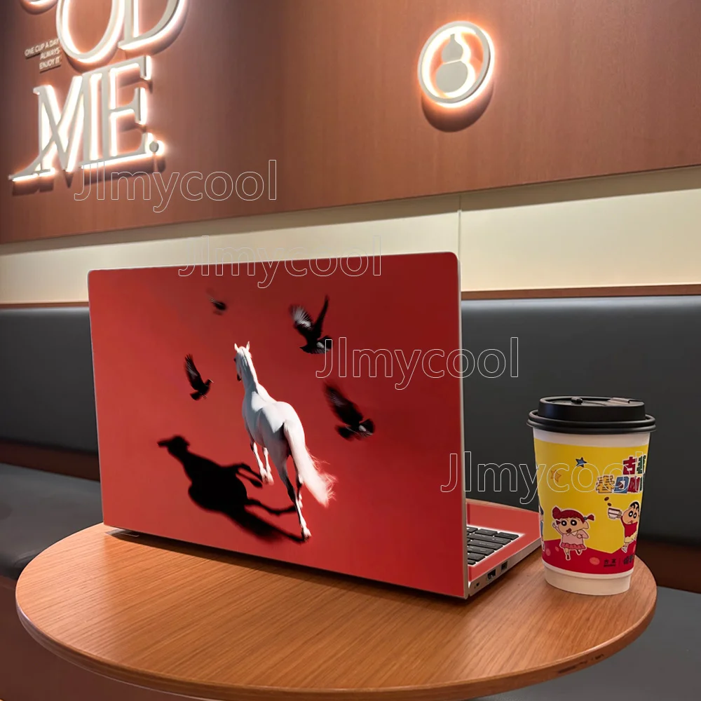 Red Background White Horse Flying Birds Laptop Skin Sticker, Scratch‑Resistant Bubble‑Free Vinyl Decal, Notebook Cover Decor `